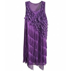 Vintage Fringe Dress Women Purple 3D Flower‎ Rhinestone Flapper Party Gatsby